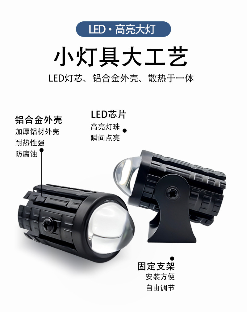 Motorcycle LED Spotlight "Little Cannon" Dual-Color Light 12-80V Electric Vehicle Headlight High-Brightness Integrated High-Low Beam Modified Light