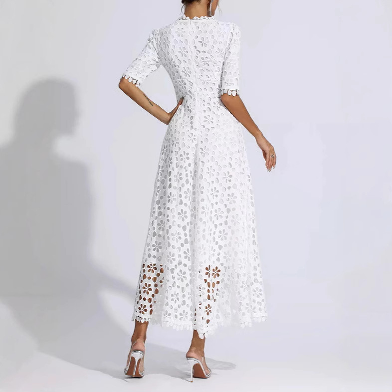 Women's Deep V Neck mid Length Lace Evening Dress Spring/Summer New Arrival European American Style Regular Size_ecoleips.com