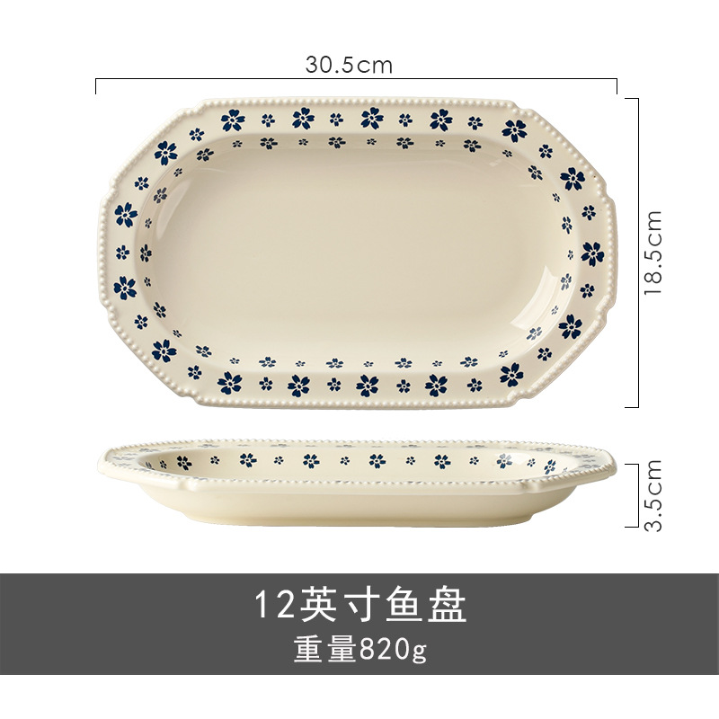 Retro puntos de perlas azules de cerezo cerámica cubiertos pequeños frescos hogares de alto valor de la cara platos de platos de nicho set platos