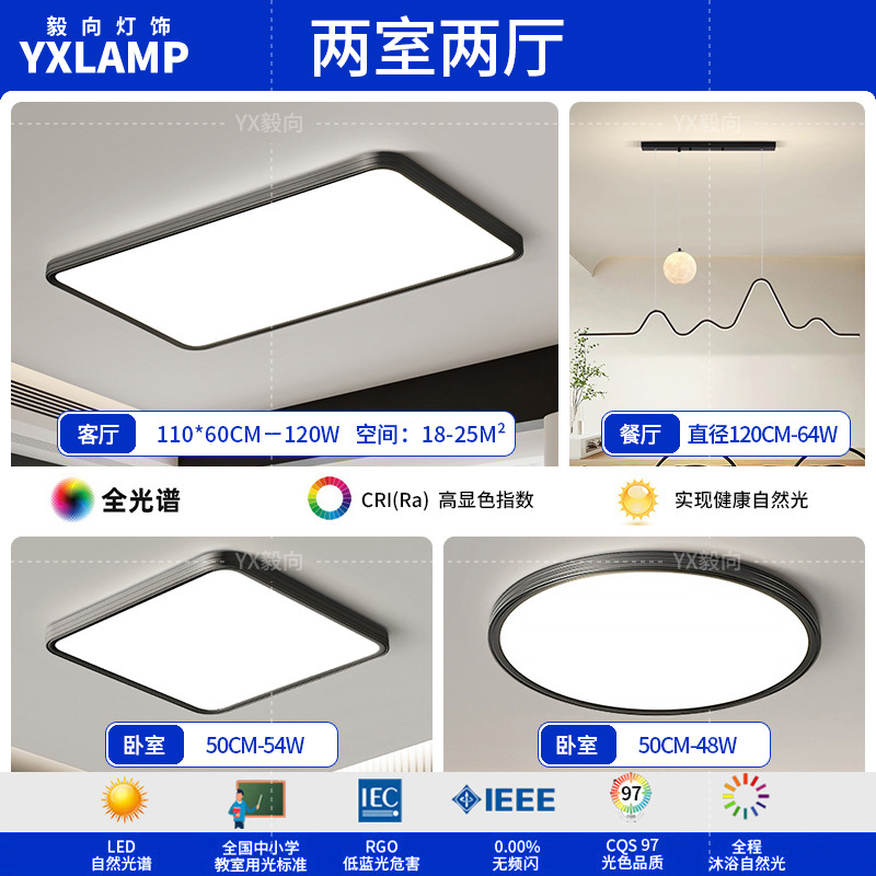 Luz de techo, lámpara de sala de estar, lámpara principal de espectro completo, protección de ojos, lámpara de dormitorio moderna simple sin hendiduras, lámpara negra Zhongshan