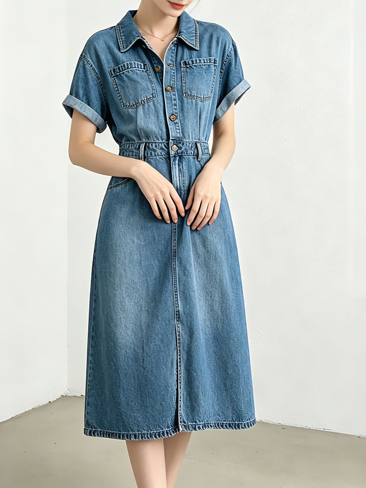 Đầm maxi nữ thắt eo chất liệu denim phối tơ acetate mềm mại, không bí bách — xanh lam