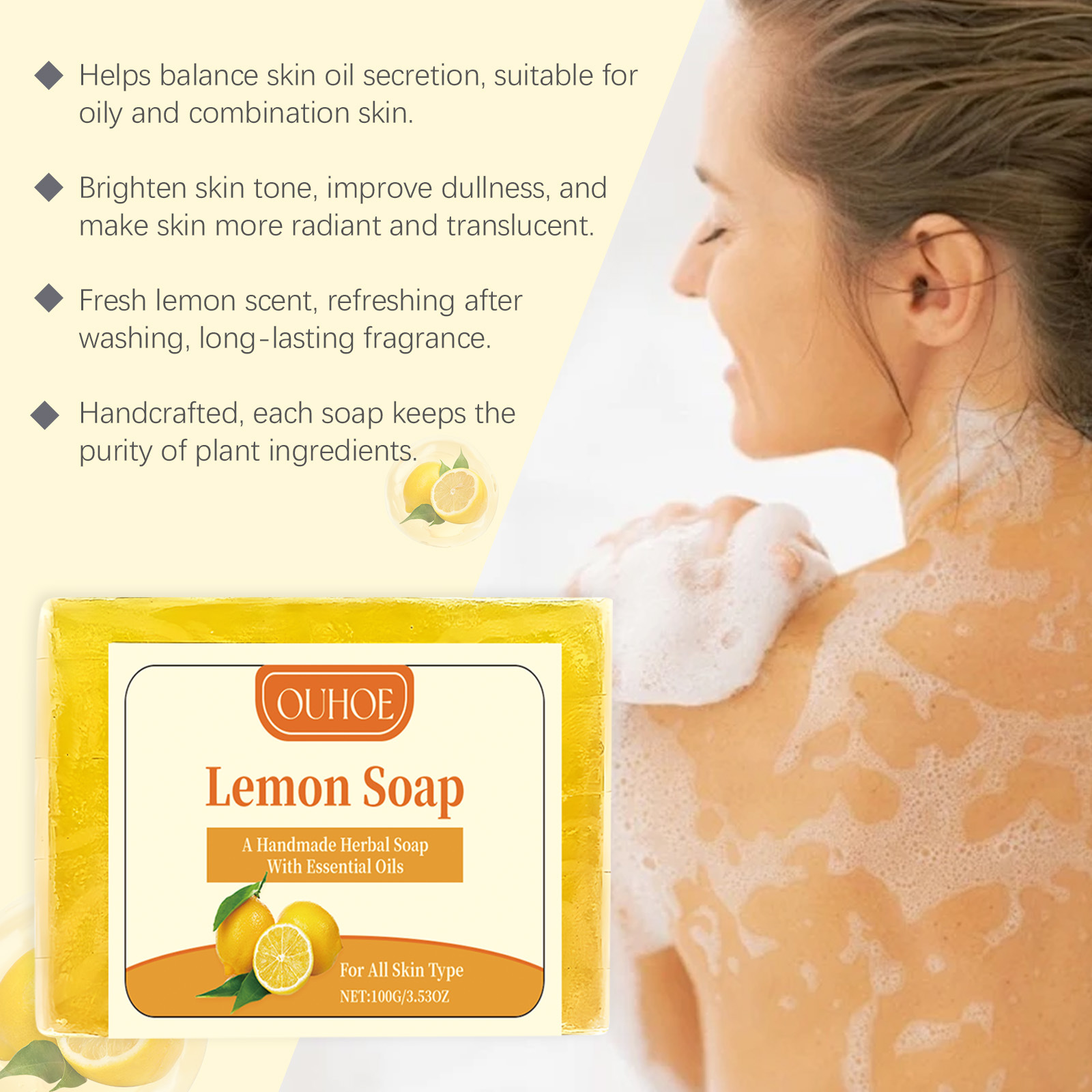 OUHOE Pure Lemon Soap, Lemon Soap VC Refreshing Cleansing Body Cleansing Bath Soap_voghion.com