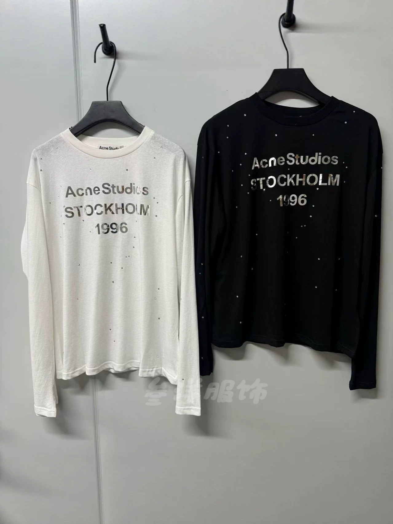 现货跨境潮牌 AC美式镜面字母印花1996烫钻圆领长袖T恤宽松上衣女