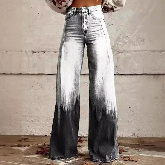 Модные женские брюки с принтом джинсы с высокой талией широкие брюки свободные женские тонкие джинсы имитация широкие брюки