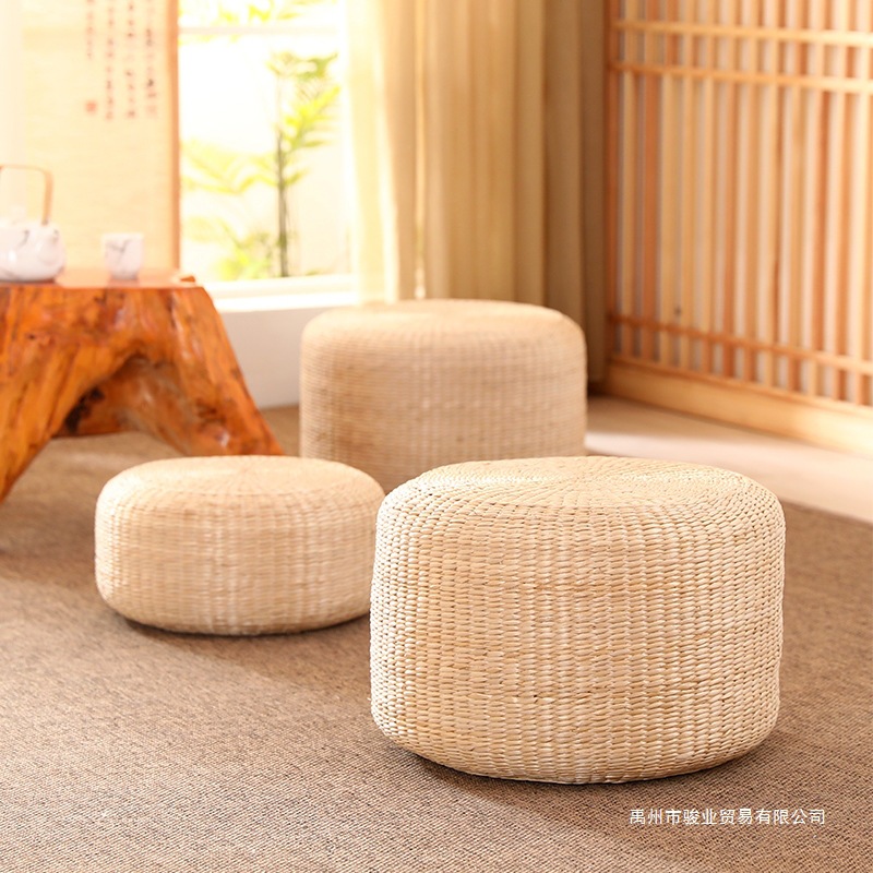 Cojín de futón de tejido de paja de estilo japonés, cojín de tatami de borde redondo grueso, cojín de futón hecho a mano para adorar al Buda y Zen.