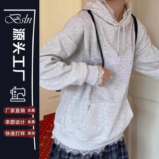 美式设计感卫衣女春季蕾丝蝴蝶结连帽外套宽松长袖慵懒风套头上衣