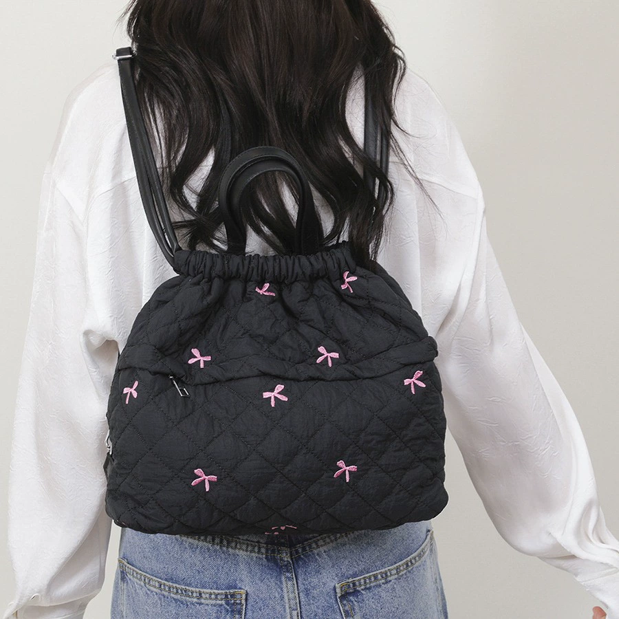 Stylish Quilted Drawstring Backpack with Bow, Shoulder, One-Shoulder, and Bucket Bag Options