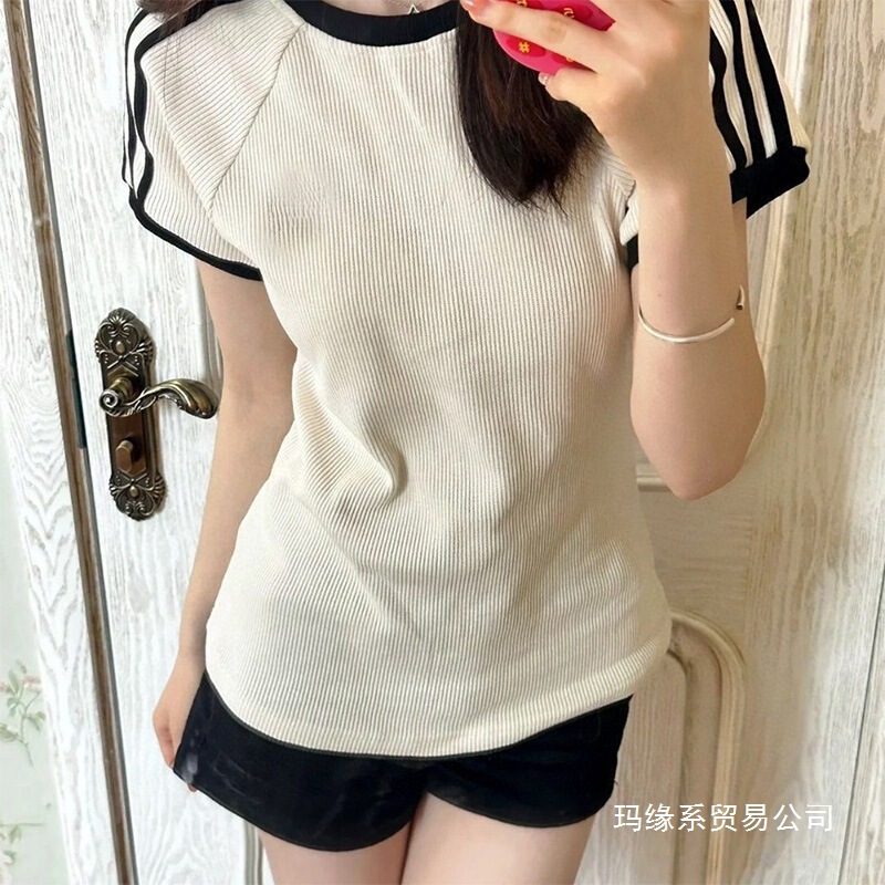Pure Ribbed Knit Fabric with Clover Embroidery, Round Neck, Slim Fit, Short Sleeve T-Shirt Top for Women, Wholesale Knitwear