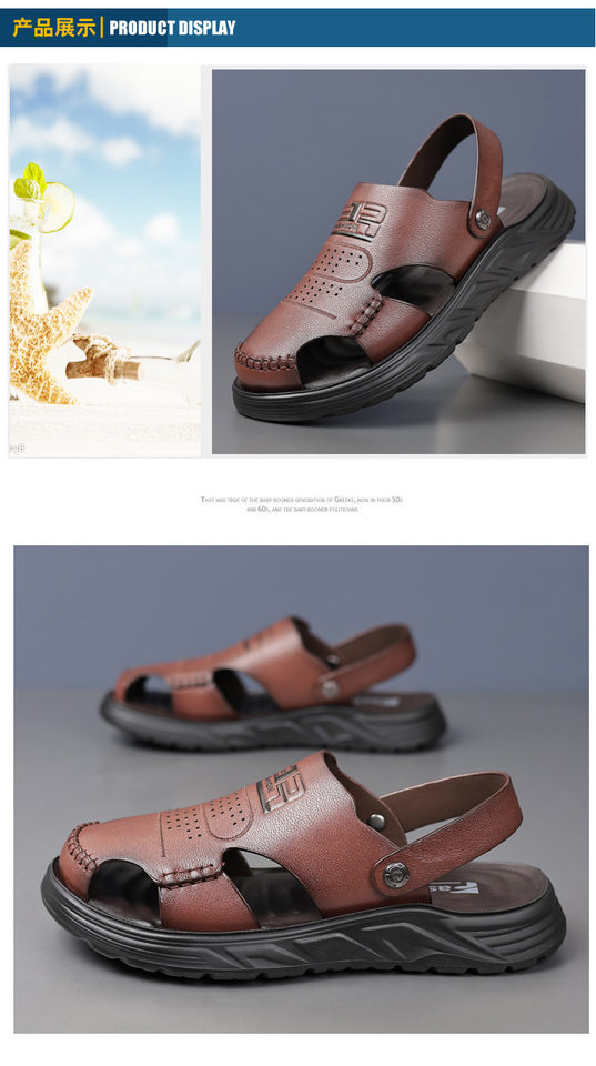 Dép sandal nam bít mũi da bò lớp đầu đế dày thoáng khí gót 3 cm — Màu nâu, Màu đen chi tiết 18