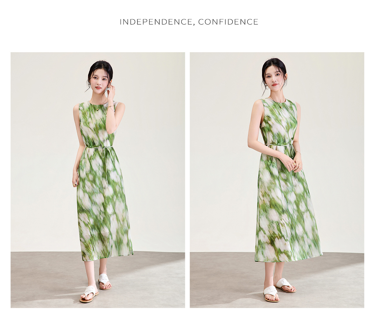Đầm maxi nữ họa tiết mực nhuộm thắt eo phong cách nghỉ dưỡng — xanh lá cây chi tiết 13