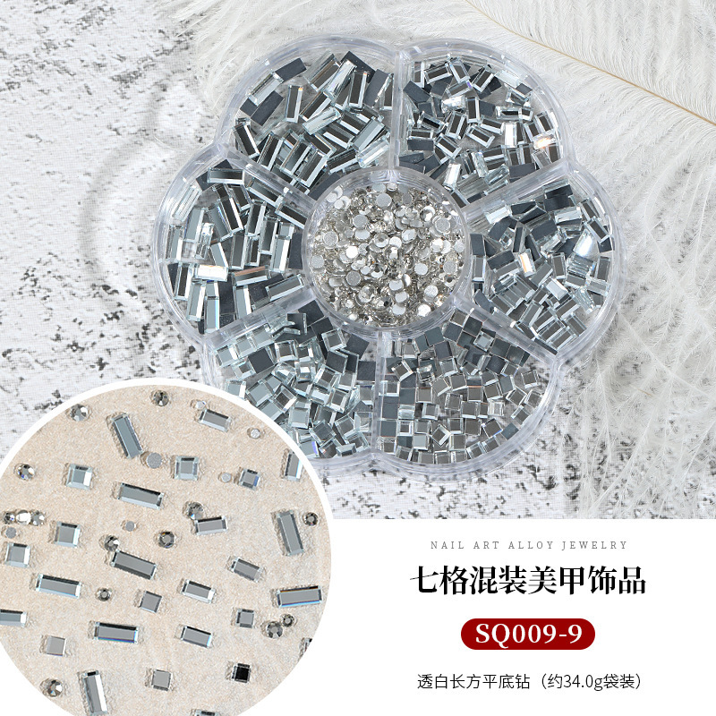 Seven-grid mixed Camellia nail jewelry bow flat diamond lollipop nail pequeña bola de acero Pearl Square Diamond