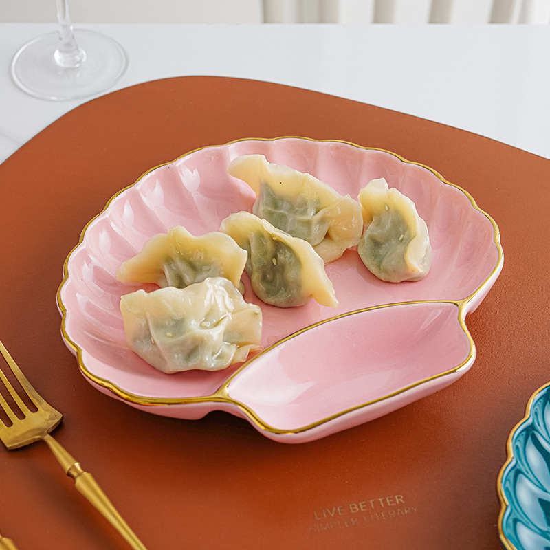 Placa de bola de cerámica de borde dorado de lujo ligero con plato de vinagre Placa de bola de masa personalizada para el hogar Placa de desayuno papas fritas plato de merienda Placa de rejilla