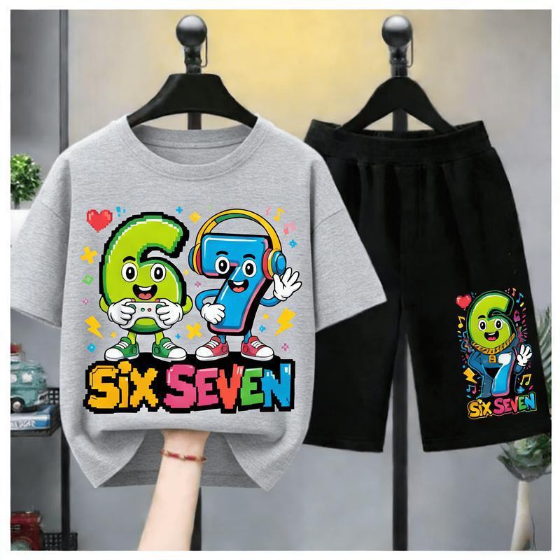 New School Season Short-Sleeve Shorts Set 2026 Summer Cartoon 67 Number Print Casual Base Shirt for Older Children New School Season Short-Sleeve Shorts Set 2026 Summer Cartoon 67 Number Print Casual Base Shirt for Older Children