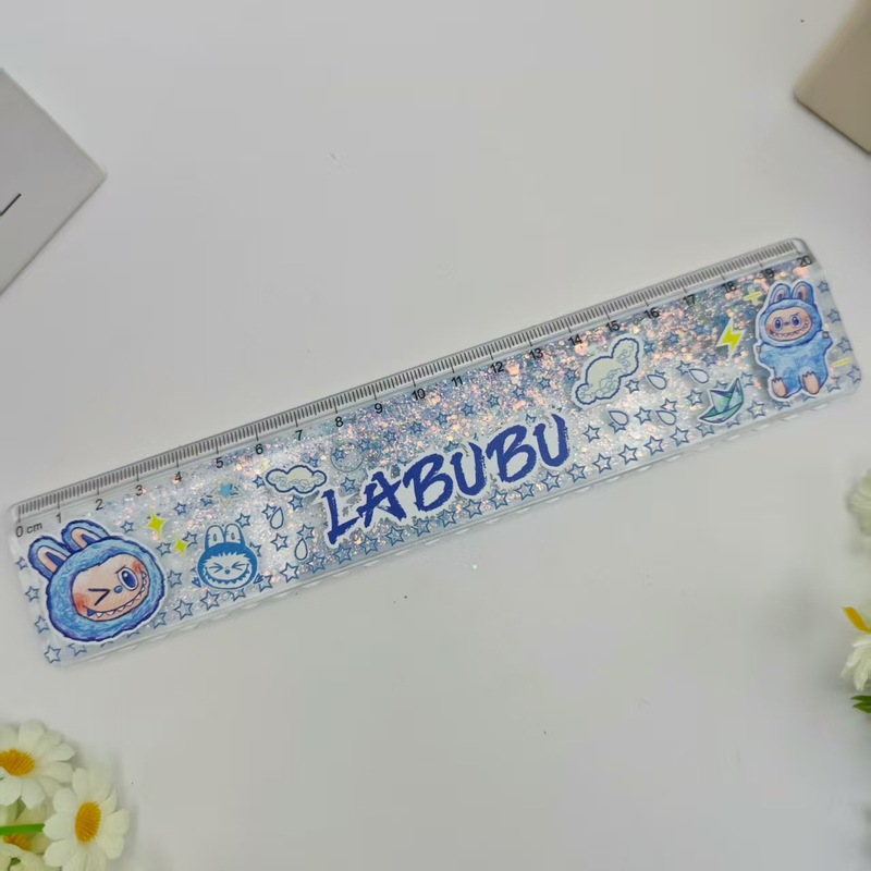 外贸拉布布卡通流沙尺金粉入油尺跨境LABUBU学生解压闪粉直尺套装|undefined