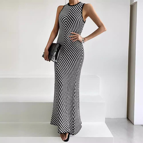 Korean Chic Summer High-End Striped Color Block Collarless Bodycon Knit Dress