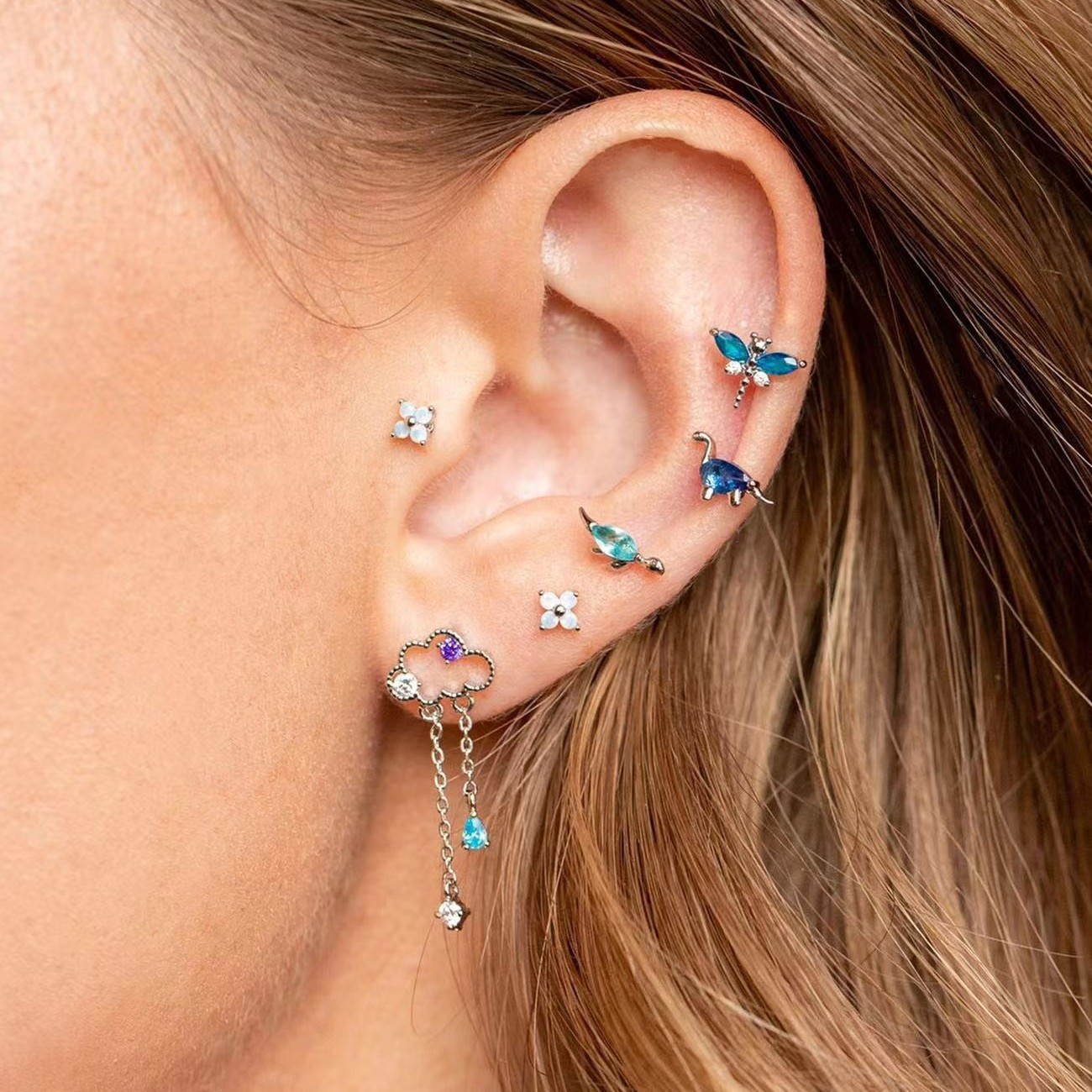 10g Weight Zircon Inlay Material Earrings Classification Cute Clouds Dinosaur Flower Copper Inlaid Zircon Earrings 1 Set