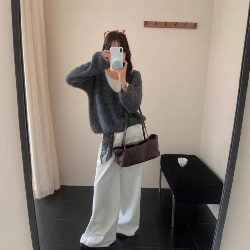 韩系假两件慵懒风针织上衣女时尚减龄拼色温柔软呼呼百搭套头毛衣|undefined