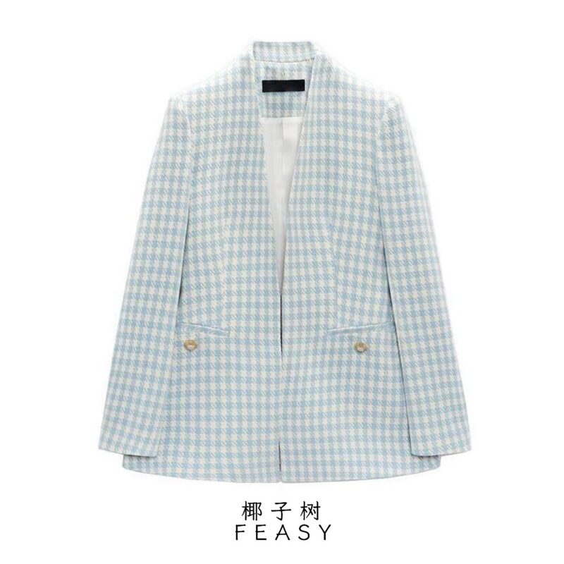 Amazon Cross-border Trade European and American Women's 2024 Summer New Slim-fit Houndstooth Textured Suit Jacket