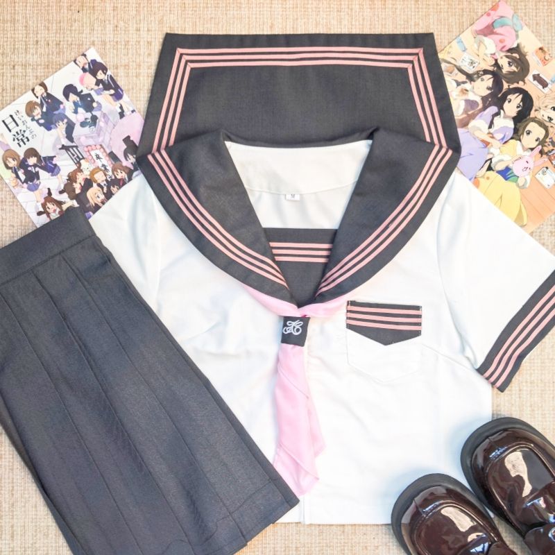 Authentic gray and pink three-piece basic sailor uniform short-sleeve summer JK uniform dress, college style school-supplied navy collar set