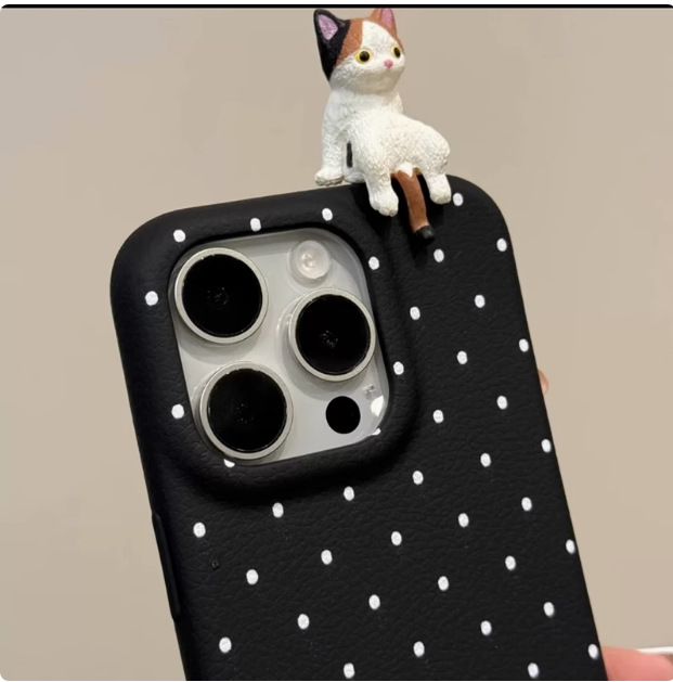Lindo gato de lunares Iphone16promax fiesta tridimensional Apple 15pro funda para teléfono móvil para cuero 15p