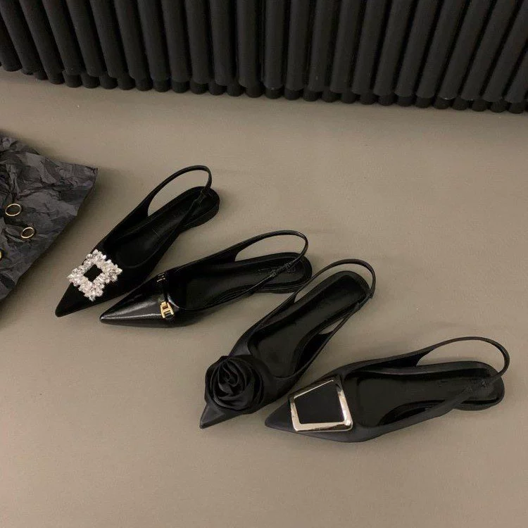 Французские сандалии с плоским черным носком Fairy Shoes 2023 Новые весенне-Летние Элегантные одиночные туфли с острым носком и стразами