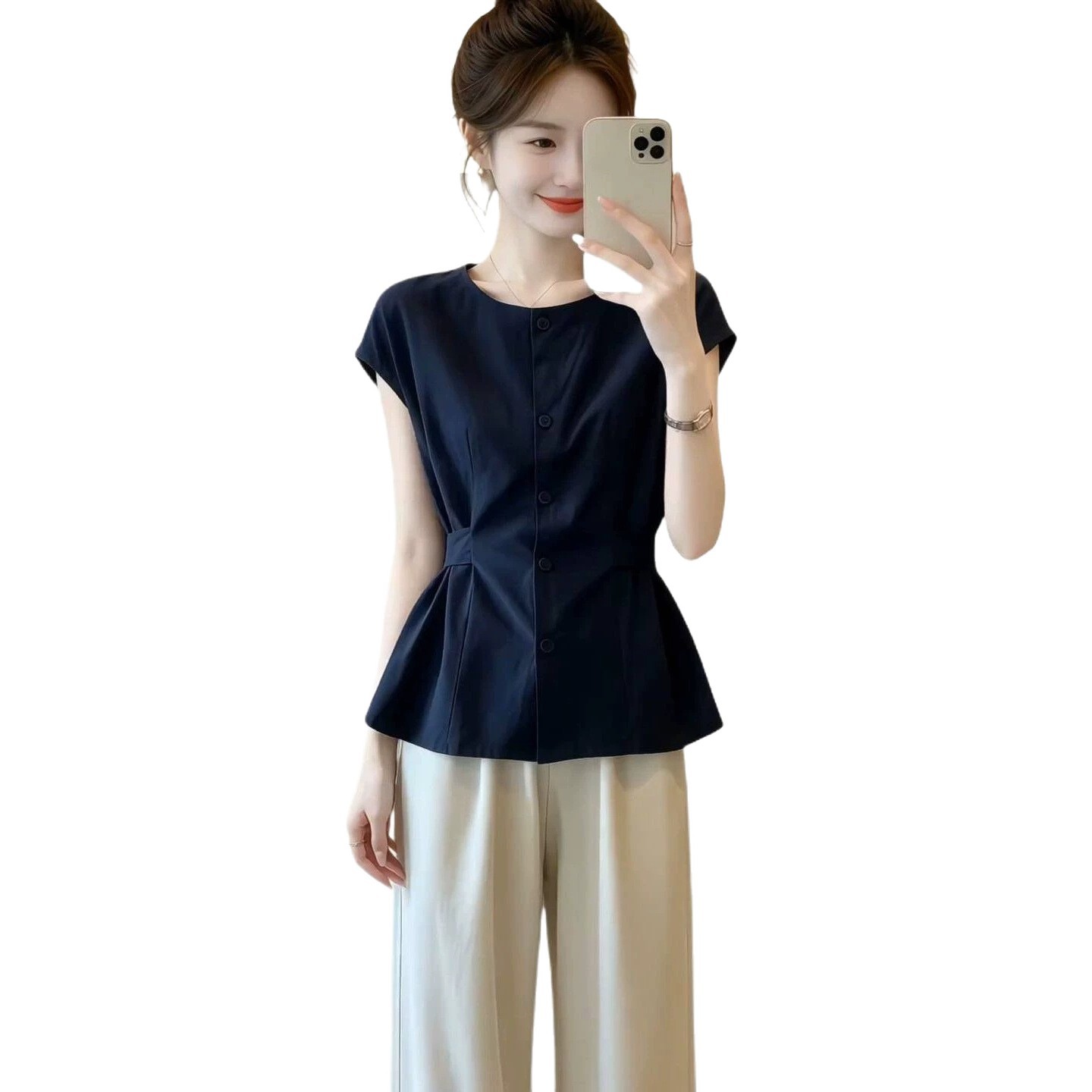Áo sơ mi nữ linen tay ngắn thắt eo, kiểu dáng công sở mùa hè — Xanh lông mòng đen