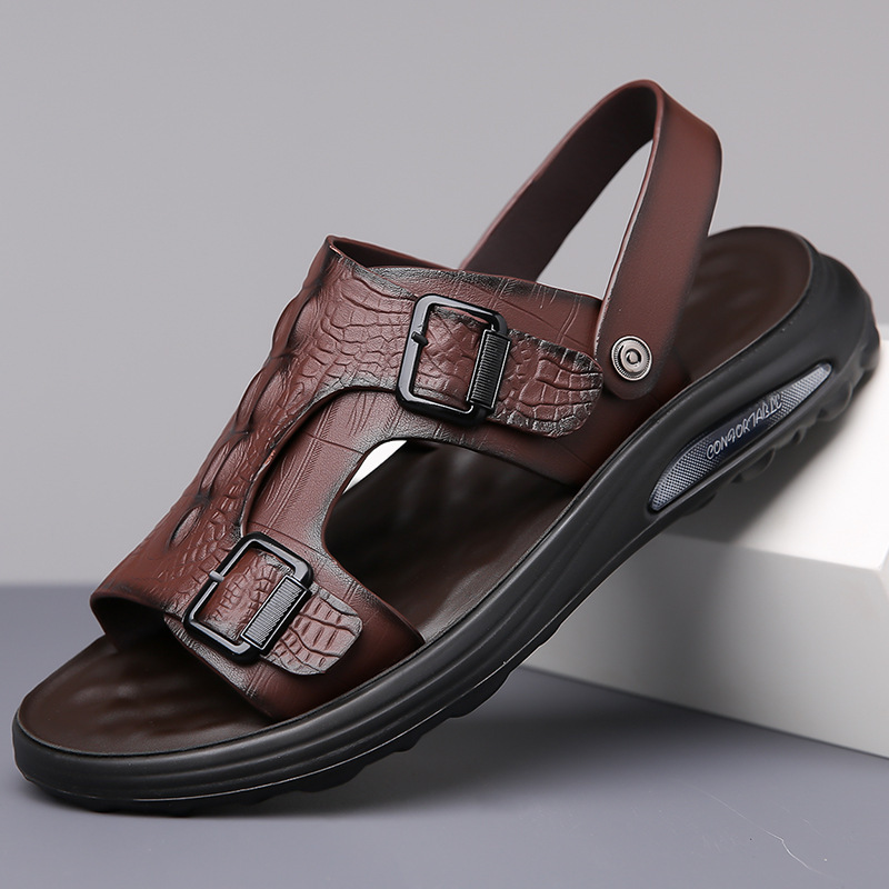 Cowhide Sandals for Men, New Summer Style, Trendy Soft-Soled Beach Shoes for Men, Dual-Purpose Crocodile Pattern Sandals for Men Cowhide Sandals for Men, New Summer Style, Trendy Soft-Soled Beach Shoes for Men, Dual-Purpose Crocodile Pattern Sandals for Men