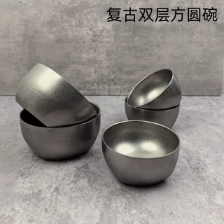 304不锈钢雪花灰餐具复古做旧方圆碗双层米饭碗汤碗泡菜碗