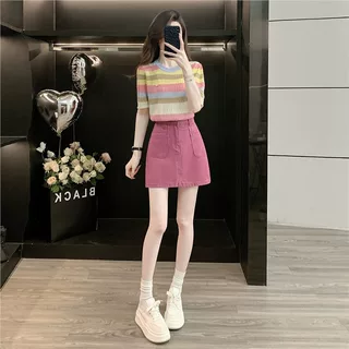 深圳南油明媚多巴胺休闲套装女夏季小个子彩虹短袖牛仔短裙两件套