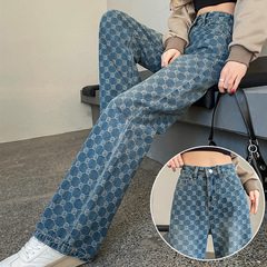 レトロなジャカードジーンズの女性の春の服2025の新型のデザイン感のプリントはアメリカの揚げ物の狭い版のワイドパンツを編みます。