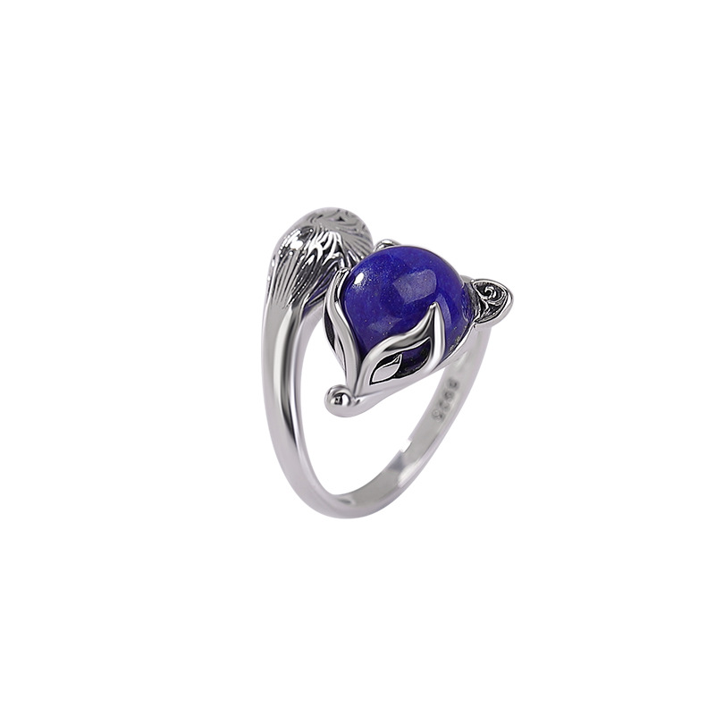 Nhẫn bạc S925 hình cáo đính đá Lapis Lazuli phong cách retro — Một mảnh