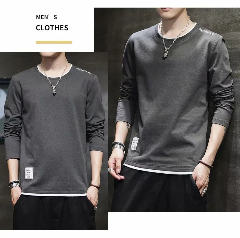 boy Long Sleeve T-Shirt For Men Trendy Gray Crew Neck Clothes Tops Inner Wear Autumn Winter Casual Base Shirt_voghion.com