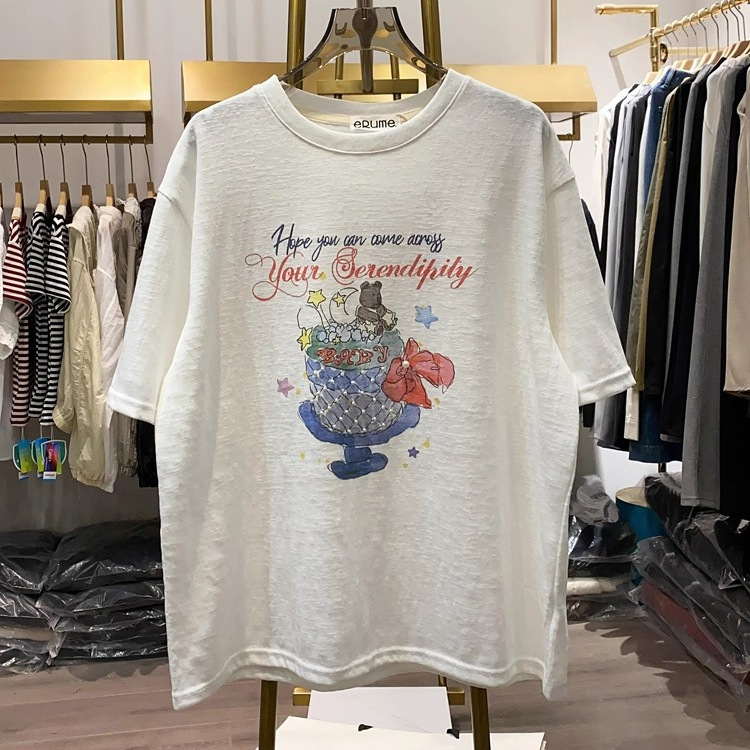 Korean Style Bear Print Round Neck Cool Snowflake Cotton Short-Sleeved T-Shirt for Women Summer Fun Age-Reducing Breathable Versatile Top
