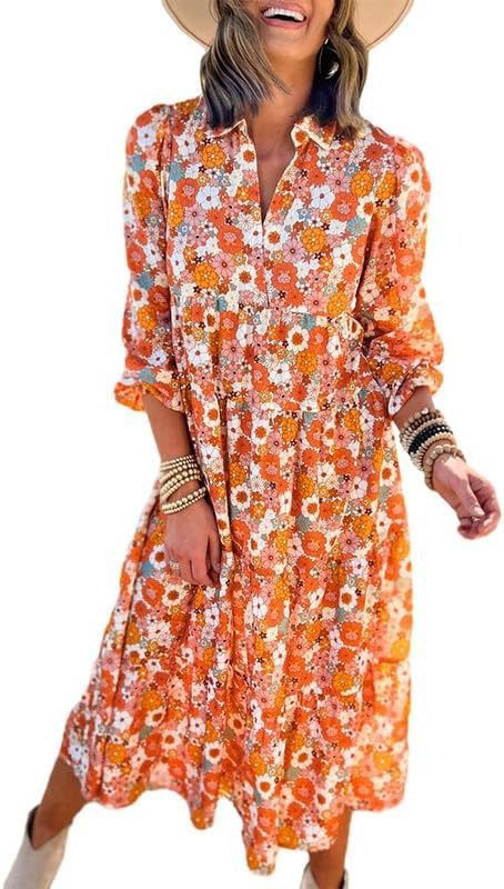 Casual Loose Fitting Bohemian Floral V Neck Dress Long Sleeved Puff Sleeve Women's Clothing New Spring Summer_ecoleips.com