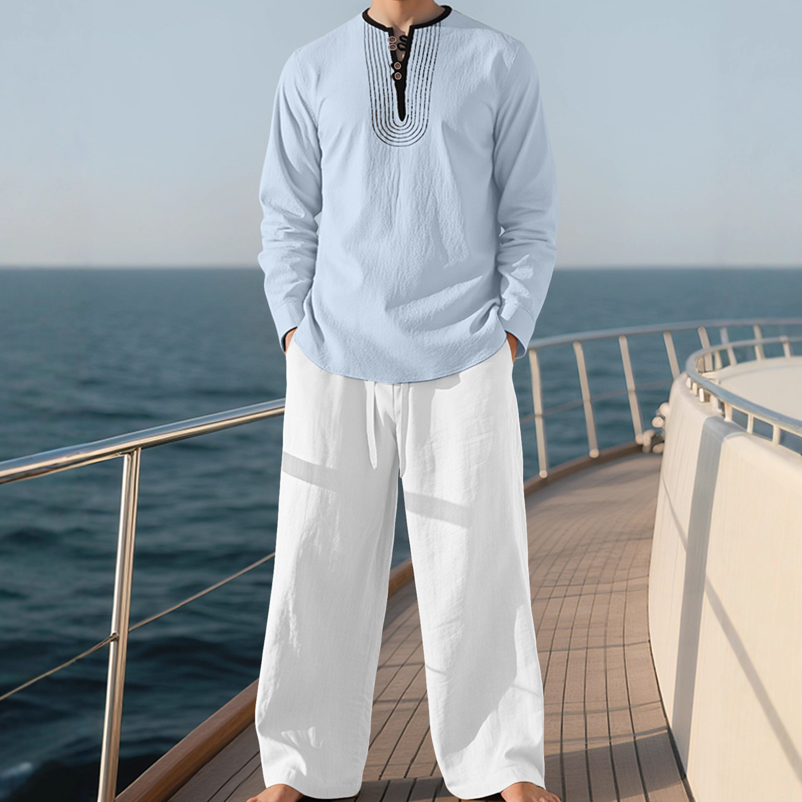 26 fábrica transfronteriza americana cuatro estaciones lino hombre relajado transpirable manga larga camisa de playa set en stock