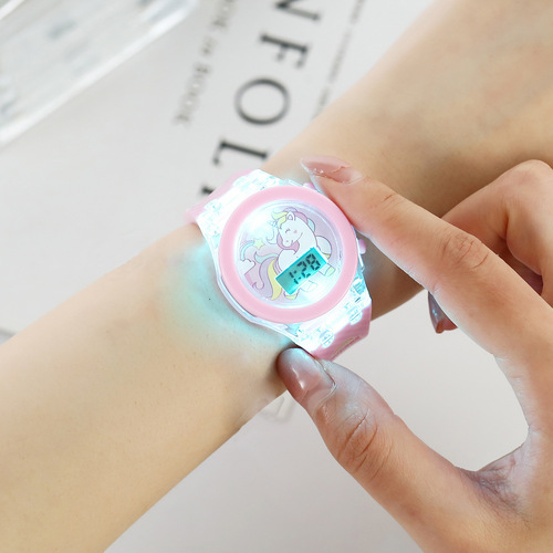 New Children's Glow-in-the-Dark Unicorn Silicone Electronic Watch with Strap (2pcs/set)