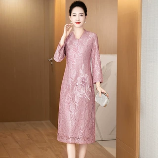 中老年喜婆婆参加婚宴气质简约喜妈妈旗袍礼服连衣裙显年轻宴会裙