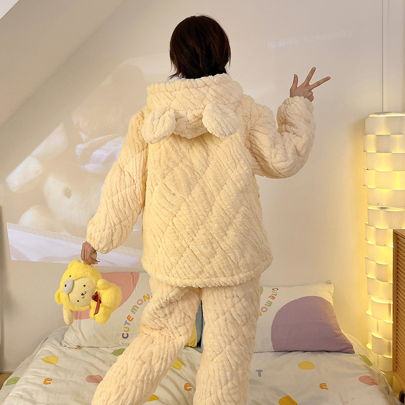 새로운 겨울 잠옷 여성용 3 층 면 패딩 재킷 두꺼운 면 잠옷 따뜻한 산호 양털 홈 의류 세트
