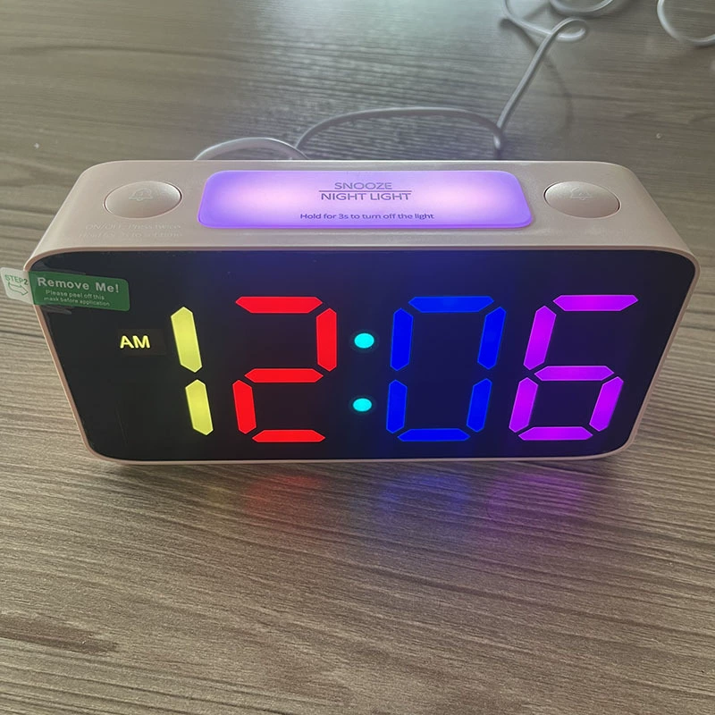 RGB LED Mirror Digital Clock, 7-inch, Large Colorful Display, Alarm with Snooze & Dual USB