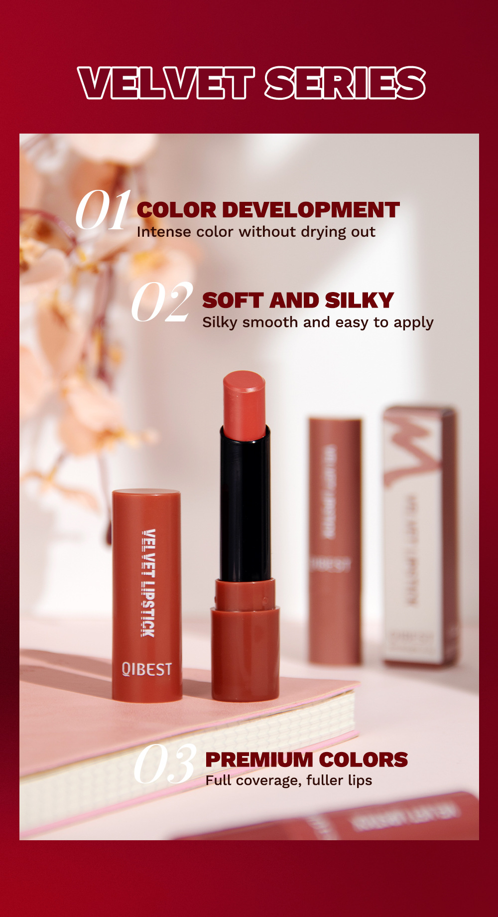 QIBEST Cross-border matte velvet matte lipstick is easy to color, does not stick to cups, does not fade, moisturizes and lasts long, and is a lipstick for makeup Item Picture