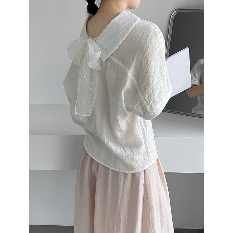 Jiang Chi Korean-Style Youthful Lace Bow Back Shirt for Women, Simple and Loose Mid-Sleeve Top 118