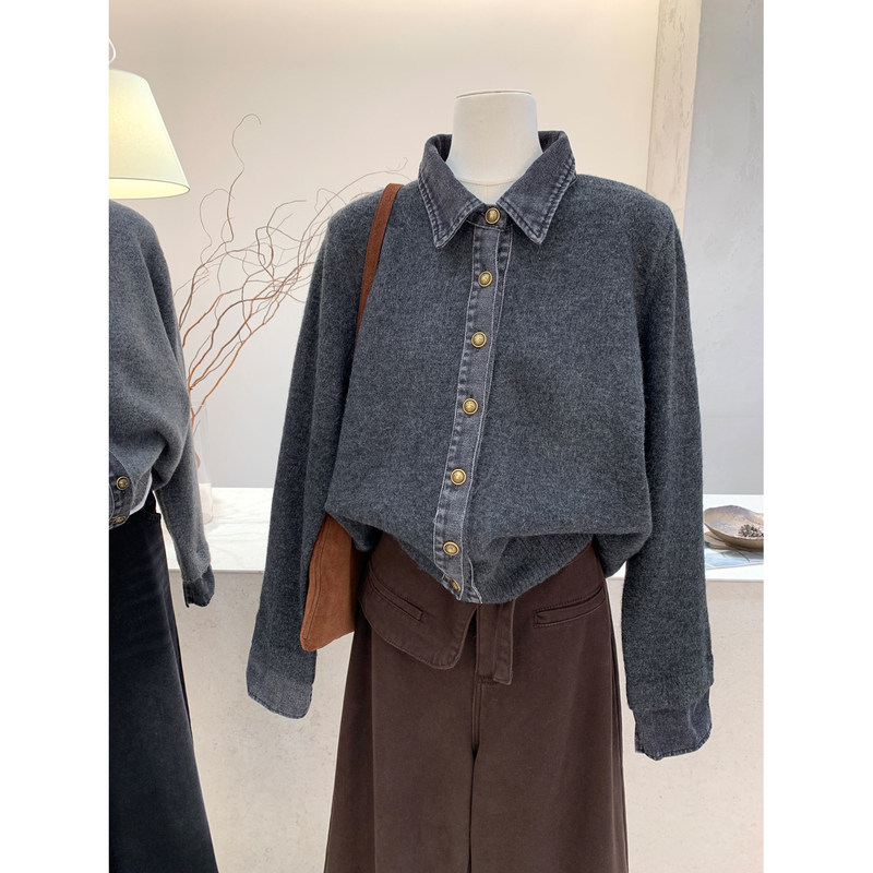 Fake two-piece denim patchwork Polo collar sweater for women, new winter knitwear, warm turn-down collar top, 26 new styles Fake two-piece denim patchwork Polo collar sweater for women, new winter knitwear, warm turn-down collar top, 26 new styles