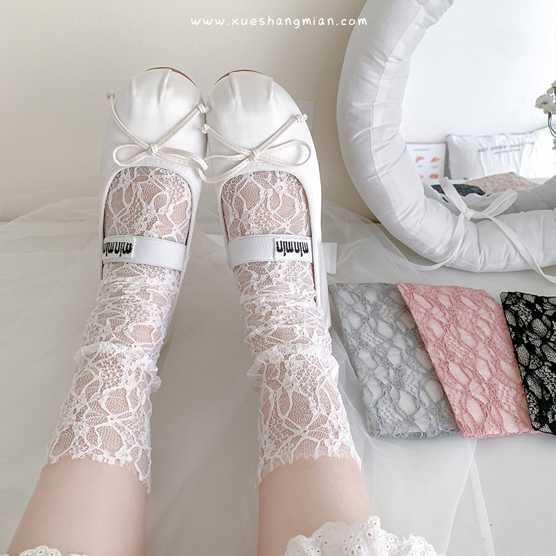 Calcetines de tubo de pila de malla fina de verano Calcetines de encaje blanco lolita para mujer Calcetines de malla estilo ballet miu