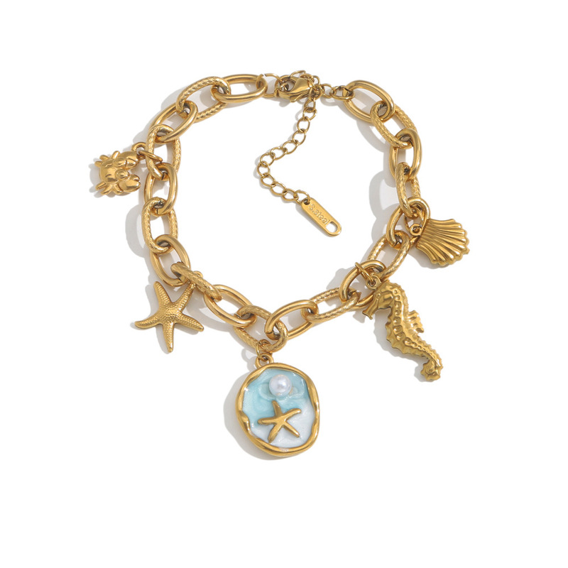 Ocean Style Golden Bracelet Starfish Seahorse Shell Crab Pendant Retro Old Pearl Bracelet European and American Ladies