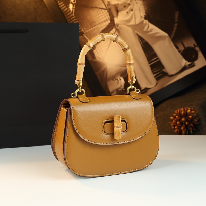 Bamboo Joint Handle Handbag Retro Saddle Bag Genuine Leather Women's Bag 2025 New Arrival Luxury Small Shoulder Crossbody Bag - Thumbnail 3