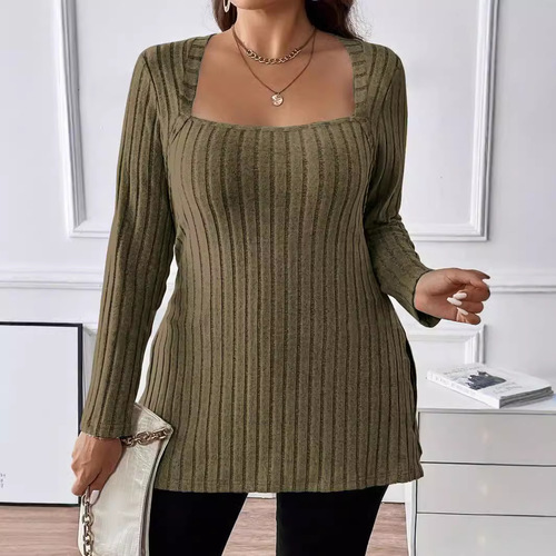 Autumn and winter independent station new women's clothes pure color pit strip sanded square collar long-sleeved shirt