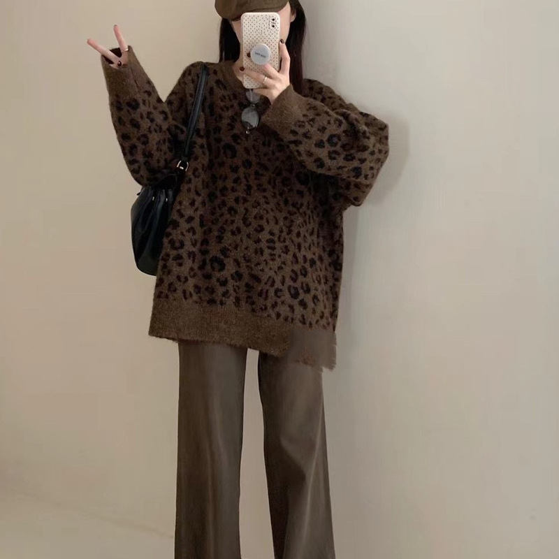 秋冬新款羊毛混纺豹纹套头毛衣女宽松慵懒潮流复古针织衫外贸上衣|undefined