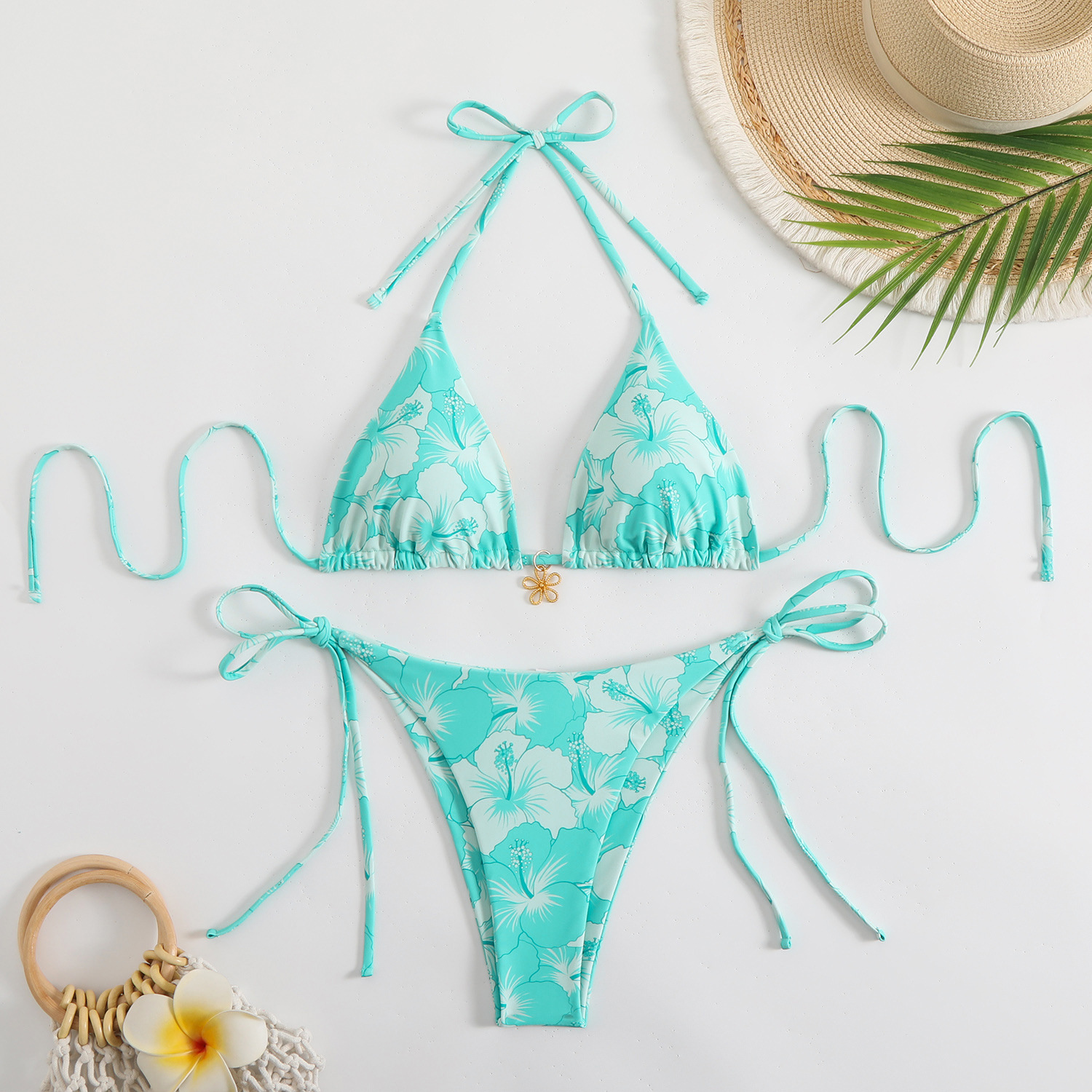 2025 European and American Cross-Border Export New Printed Tight Lace-Up Backless Sexy Split Swimsuit Bikini Swimsuit for Women