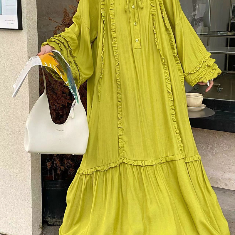 Korean Chic Autumn Retro Elegant Stand Collar Small Button Loose Ruffle Trim Long Dress for Women