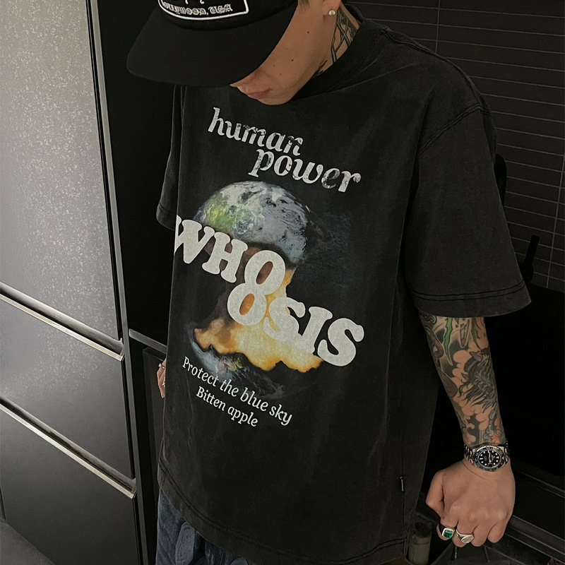 Whoosis (Unknown Name) Missing Earth Washed Short-Sleeved T-Shirt Retro Street Hip-Hop National Trend Male Couple